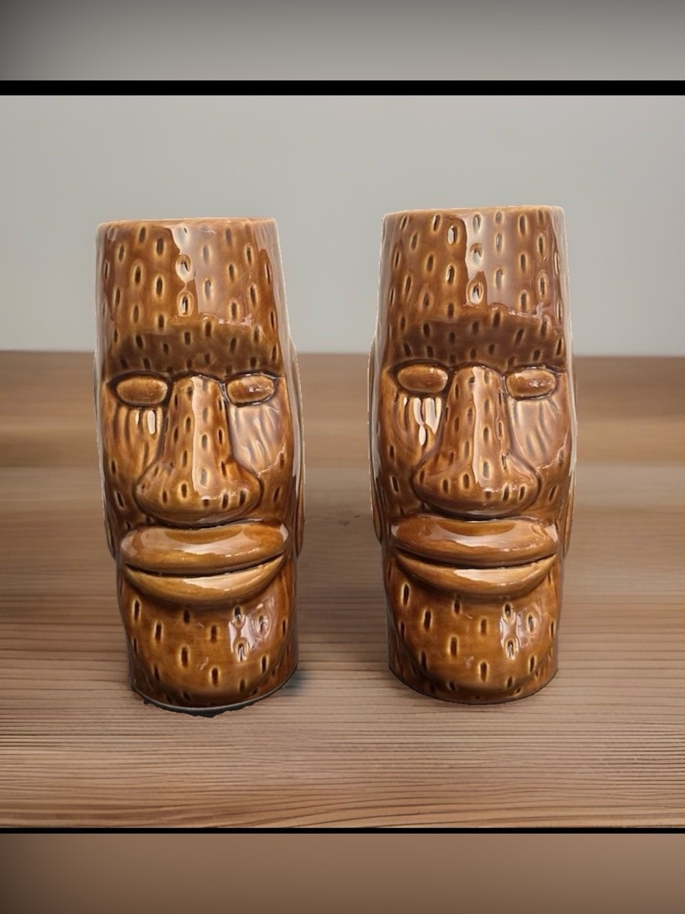Tiki Vintage-style Moai Easter Islander 
 Brown Glazed Ceramic Mug/Vase SET OF 2